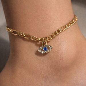 Gold Sparkle Evil Eye Charm Anklet with Blue Crystal - Ankle Bracelet Jewelry